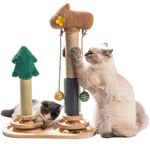 MEWOOFUN 3-in-1 Interactive Wooden Cat Toys, 2-layer Turntable Kitten Toys with Cat Hanging Balls and Scratching Posts for Indoor Cats, 40x57cm