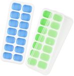 2 Pack Ice Cube Trays, Reusable Silicone 14-Ice Cube Trays with Spill-Resistant Removable Lid, Stackable Ice Trays with Covers for Freezer, Cocktail, Coffee (Blue + Green)