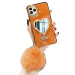 Anloes for Makeup Mirror Phone Case Luxurious Bling Heart-Shaped Frame Hairball Case, Girly Cute Bling Shining Protective Case for iPhone (iPhone 13 pro max, Orange)