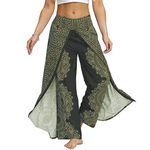 Nuofengkudu Women's Split Wide Leg Yoga Pants Boho Patterned High Waisted Hippie Baggy Breathable Dance Lounge Palazzo Trousers Beach Party Holiday Travel(Green Flower,L/XL)