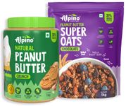 Alpino Pre-Workout High Protein & Fiber Diet Super Combo - High Protein Super Oats Chocolate 1kg, Natural Peanut Butter Crunch 1kg