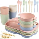 Shopwithgreen Wheat Straw Dinnerware Cutlery Set, 20 PCS Kids Toddlers Divided Plates and Bowls Sets,Tableware Spoons Cups,Microwave and Dishwasher Safe