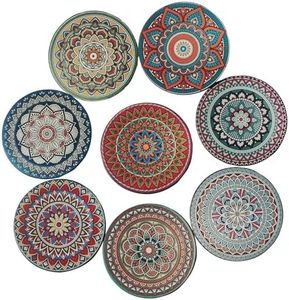 Huamanxi 8pcs Ceramic Boho Drink Coasters with Cork Base and Black Holder – Absorbent Coasters for Coffee Table, Apartment, Bar, Mugs, Glasses, Cups, Beer