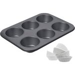 Maghya 6-Cup Muffin Tray with 100 Liners - Premium Carbon Steel Cupcake Pan, Non-Stick Bakeware, Heat Resistant to 230°C, Microwave & OTG Safe, Dishwasher Safe Baking Mould (Black)