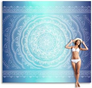 Sunlit 10'x9' Extra Large Boho Sand Proof Beach Blanket, Sand Proof Mat with Corner Pockets and Mesh Bag for Beach Party, Travel, Camping and Outdoor Music Festival, Ombre Blue Mandala