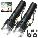 Rechargeable Flashlight 200000 Lumens, 2 Pack Super Bright LED Flashlight High Lumen, USB Rechargeable Powerful Flashlight with 7 Modes Zoomable, Waterproof Brightest Flashlight for Emergency Camping