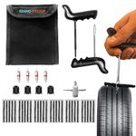 GRAND PITSTOP Universal Tire Puncture Repair Kit includes T Handle for insertion X 1, Tire Reamer Tool X 1, 4 ways valve stem tool X 1, Valves X 4, Cutter X 1, Repair Plugs X 30