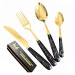 SensiSel 16 Piece Ceramic Black Handles and Golden Plated Stainless Steel Silverware Set,Black Marble Handle with Golden Mouth Flatware Cutlery Set Service for 4 (Shiny Black Golden)
