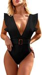 Avanova Women's One Piece Ruffle Swimsuit Deep V Neck Strappy Swimwear Bathing Suits Black X01 X-Large, Black