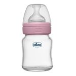 Chicco Well-Being Glass Feeding Bottle for Babies (120ml, Slow Flow) | Premium Borosilicate Glass for High Durability | Elongated Teat for Correct Latch | Comes with Anti-Spill Cap | BPA Free (Pink)