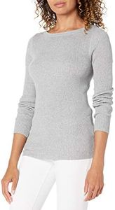Amazon Essentials Jersey Ligero de Canalé con Manga Larga y Escote Barco Mujer, Gris Claro Mezcla, L