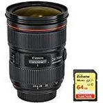 Canon (5175B002) EF 24-70mm f/2.8L II USM Lens with 64GB Extreme SD Memory UHS-I Card w/ 90/60MB/s Read/Write