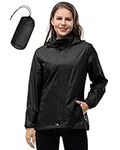 33,000ft Women's Lightweight Rain Jackets Hooded Breathable Packable Running Raincoats Active Trench Windbreaker with Hideaway Hood for Cycling Hiking (Black-M/UK 12)