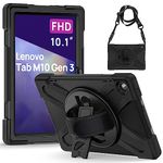 Gerutek Lenovo Tab M10 3rd Gen 10.1 Inch 2022 (TB-328FU/TB-328XU) Shockproof Rugged Case with 360 Rotating Stand/Hand Strap, Shoulder Strap Protective Case for Lenovo Tablet M10 3rd,Black