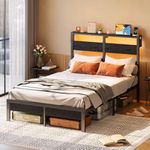 Bestier Full Bed Frame with Storage Headboard and Charging Station, Black Platform Bed Frame with LED Light, Non-Slip Metal Bed Frame, Noise-Free, Easy Assembly