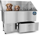 KANIS Professional Dog Washing Station 304 Stainless Steel Pet Wash Sink & Grooming Bathtub w/Shower, Floor Grates and Storage for Large, Medium & Small Pets (Silver, 61 Inches, Left Ramp, 2 Drawers)