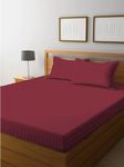 HOMECRUST 140TC Stripe Plain (Fitted) bedsheet Double Bed || Microfiber Cotton || Queen Size || 2 Pillow Covers || 72 X 72 + 6 inch Drop || Maroon Color