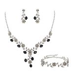 Ever Faith Wedding Party Jewelry Set for Bride Austrian Crystal Cluster Flower Costume Necklace Earrings Bracelet Set Black Silver-Tone