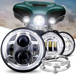 7 Inch LED Headlight + 4.5 Inch LED Passing Lamps Fog Lights Kit with Bracket Mounting Ring Fit for Harley Davidson Electra Glide Road King Heritage Softail, Chrome