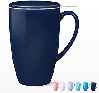 Fashionwu 16 OZ Porcelain Tea Mug with Infuser and Lid, 500ml Large Leaf Tea Cup with Stainless Steel Filter Ceramic Teaware for Tea Coffee Milk Juice Hot Cocoa, Gifts for Tea Lovers (Dark Blue)