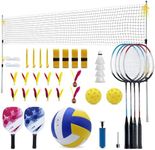 ZHUOKECE Outdoor Portable Volleyball and Badminton Net Combo Set, Official Size 5 Volleyballs Pickleball and Badminton Set for Backyard Games (Blue+Green)