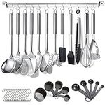 Berglander Kitchen Utensils Set 38 Pieces, Stainless Steel Cooking Utensils Set, Kitchen Gadgets Cookware, Kitchen Tool Set with Utensil Holder Rack and Hooks for Hanging Dishwasher Safe