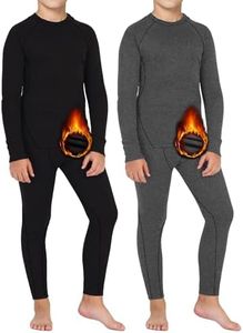 Dalavch 2 Sets Youth Boys Thermal Base Layer Long Johns Compression Leggings and Shirts Fleece Lined Underwear for Kids Girls 1 Black 1 Heather Grey Large