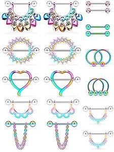 Ftovosyo 20Pcs Nipple Ring 14G Surgical Steel Tongue Nipplerings Barbell Bar Hoop Rings Retainer CZ Heart Chain Dangle Nipple Piercing Jewelry for Women Men 14MM (9/16 Inch), Metal Crystal,
