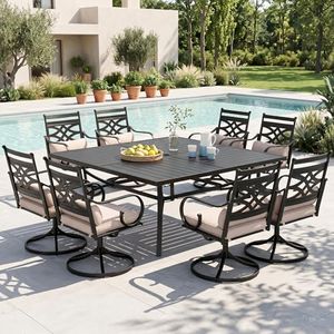 MFSTUDIO 9 PCS Patio Dining Sets with 8 Swivel Chairs and 1 Large Square Table, All Weather Heavy Duty Black Frame, Outdoor Furniture for 8