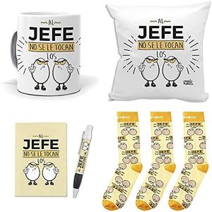 Mega Regalo Personalizado para Jefes. Al Jefe no se le tocan los Huevos. Taza, cojin, libreta, boli y Trio de Calcetines
