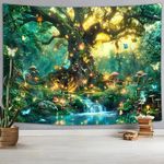 Fantasy Forest Nature Tapestry, Fairy Magical Enchanted Jungle Tree Waterfall Mushroom Butterfly Tapestry Wall Hanging, Trippy Plant Botanical Aesthetic Tapestry for Bedroom Living Room 60X40 Green