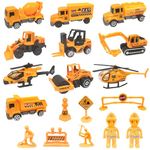 TOYABI Construction Toys, Digger Cake Topper, 18Pcs Toy Construction Vehicles Set with Dumper/Plane/Roadblock etc, Diecast Alloy Cars for 3+ Year Olds Boys & Girls