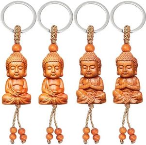 MINGZE 4 Piezas Buda de Madera Llavero, Pequeño Suerte Buda Figures Sculpture Meditación Accesorios para Llaves de Coche DIY Regalo de Amuleto de la Suerte