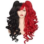 ColorGround Long Curly Cosplay Wig with 2 Ponytails (Half Black Half Red)