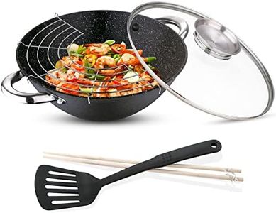 RENBERG Wasabi Wok | Sartén Wok con Revestimiento de Mármol y Tapa de Vidrio | Múltiples Funcionalidades y Accesorios | Wok de Hierro Fundido | Compatible con Cocinas de Inducción 28x40x12 cm