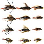 Outdoor Planet 9/12 Caddisflies/Mayfly/Attractor Nymph/Dragonflies and Damselflies/Stonefly/Hopper/Salmonfly/Dry Flies for Trout Fly Fishing Flies Lure Assortment, 12Pieces 20 Incher Assortment