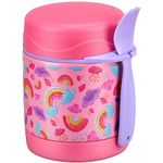 Pawtong 10oz Soup Thermo for Hot Food Kids Insulated Food Jar,Thermo Hot Food Lunch Container, Width Mouth Stainless Steel Lunch Box for Kids with Spoon (Pink-rainbow)