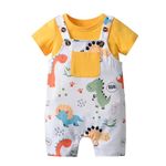 Infant Baby Boy Summer Clothes Short T-Shirt Cartoon Dinosaur Print Overall Suspender Romper Bodysuit Set Yellow 18-24 Months