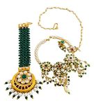 THE OPAL FACTORY TOF Gold Plated Combo Jewellery of Traditional Rajasthani Peacock Nathiya/Nose Ring with Pearls Chain and Maang Tikka in Kundan, Meenakari,Multicolour for Women and Girls (Green)