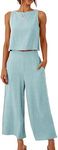 ANRABESS Women's Summer 2 Piece Outfits Sleeveless Crop Top Capri Wide Leg Pants Jumpsuit Casual Linen Lounge Matching Sets Beach Travel 2024 Trendy Clothes Blue X-Large