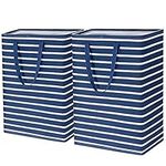 Goodpick Baby Laundry Basket 75L Set of 2, Tall Foldable Laundry Hamper for Organizing Toys Dirty Clothes, Large Laundry Basket Organizer for Dorm and Family Storage, Blue Stripe