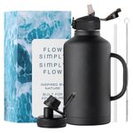 AquaFlo 2 Litre Stainless Steel Bottle with 2 Lids, 24HR Hot & Cold Insulated Water Bottle 2 Litre, 2 LTR Gym Sipper Bottles with Straw, 2L Thermo Flask Steel Sipper Water Bottles for Adults (Black)