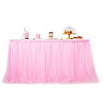 PartyBySam 6ft Pink Tulle Tutu Table Skirt for Birthday Party and Baby Shower, Unicorn Table Cloth with Double Organza and Led Lights for Rectangle Tables (L6(ft), H 30in)