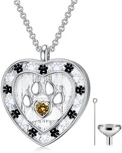 SOULMEET Custom Silver/Real White Gold Paw Print Necklace for Ashes, Personalize Engraving Birthstone Pet Urn Necklace for Ashes Keepsake Cremation Jewelry for Pet Cats Dogs-November