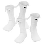 2 Pairs Hand Holding Socks, Ksndurn Couple Magnetic Hand in Hand Socks, Unisex Mid Tube Hand Socks - Big Eye Funny Socks for Couples Friends Sisters Lovers (White)