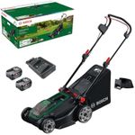 Bosch Cordless Lawn Mower ROTAK18V2-43 (Cutting Width: 43 cm, Height of Cut: 30-75 mm, 40 l Fabric Grass Bag, Mulch Plug, incl 2 x 18V Battery and Charger)