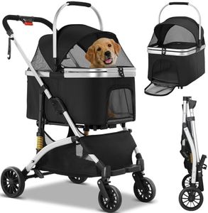 Hundewagen 3 in 1,Hundekiste,HaustiereTransportbox,Bis 40kg,faltbarer Hundebuggy,Katzenwagen für Kleine und Mittelgroße Hunde,360° Drehbare Gummireifen,Rahmen aus Kohlenstoffstahl(Silber schwarz)