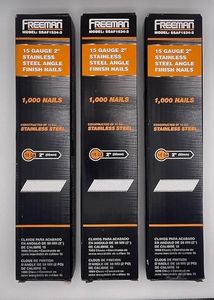 3 Convenient Packs of Freeman 15 Gauge, 2" Long 34 Degree, Stainless Steel Angle Finish Nails, 1,000 per pack. Recommended for Freeman 15 gauge 34 Degree Nail Guns and fits most Brands - SSAF1534-2PK3