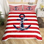 Blue Anchor Bedding Set Queen,Red Stripes Comforter Cover for Boys Girls,Kids Nautical Anchor Duvet Cover Set Marine Life Bedspread Cover Fashion Teens Bedroom Decor 3 Pcs Bed Collection