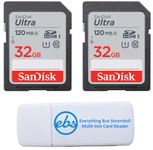 SanDisk 32GB SDHC SD Ultra Memory Card (Two Pack) Works with Canon EOS Rebel T7, Rebel T6, 77D Digital Camera Class 10 (SDSDUN4-032G-GN6IN) Bundle with (1) Everything But Stromboli Combo Card Reader